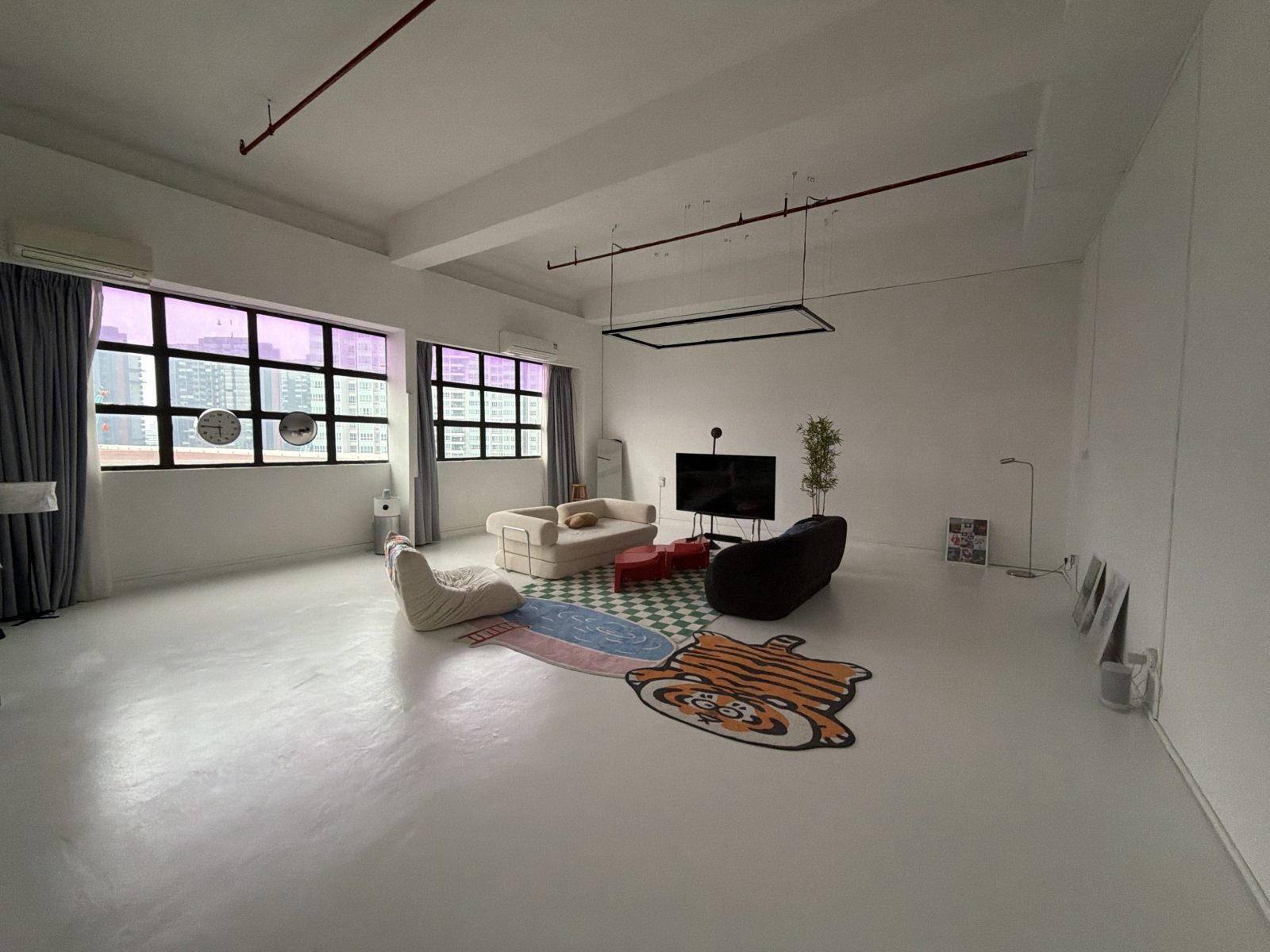 Daylight view of the studio with the living set, checkered rug and tiger rug